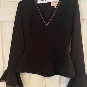 Roksanda Ilincic Black V-Neck Peplum Top with Pink Contrast Stitching